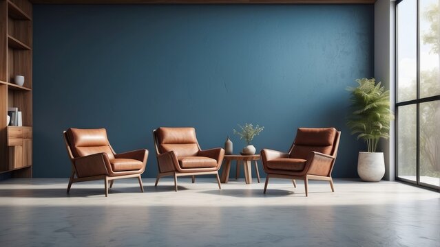 Modern mid century, leather armchairs wood cabinet on Slate Blue wall and white floor