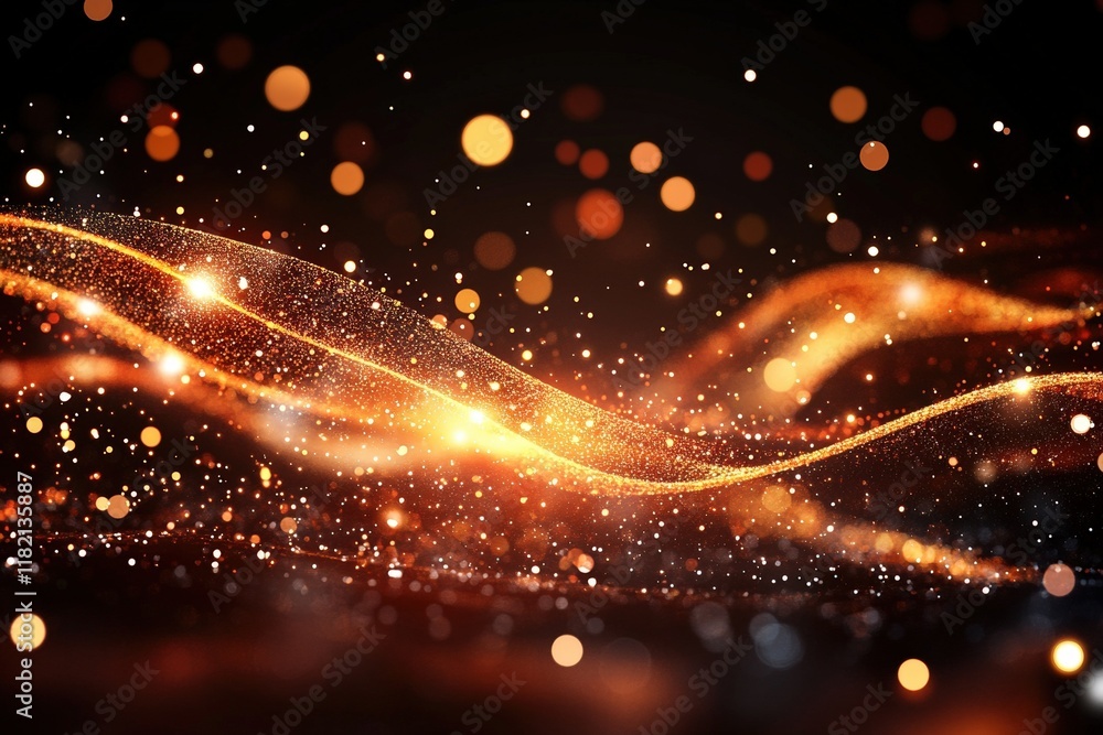 Poster stunning abstract waves of light and sparkles: a glittering display of golden particles on a dark ba