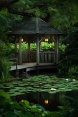 Obraz premium Wooden gazebo mirroring over lily-covered pond, soft twilight glow casting serene reflections across calm water surface