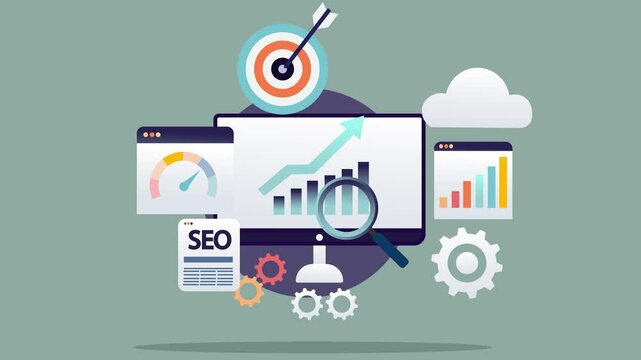 SEO Optimization and Data Analytics for better Search Engine, online business growth and website ranking. Flat design animation with copy space