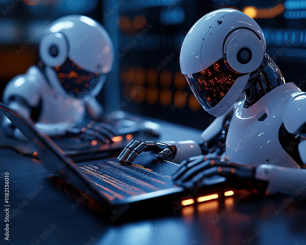 Poster two futuristic robots work on laptops, illuminated by soft glowing lights, embodying advanced techno