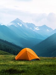 Mountaintop Tent Camping Scene - Solitude, adventure, nature, serenity, escape.  A vibrant orange tent sits amidst a breathtaking mountain vista.