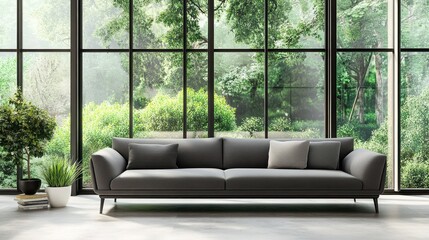 Serene Modern Living Room with Large Windows Showcasing Lush Greenery