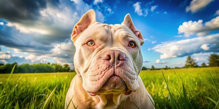 A bully dog, cream-toned, in a verdant field, overcast day.