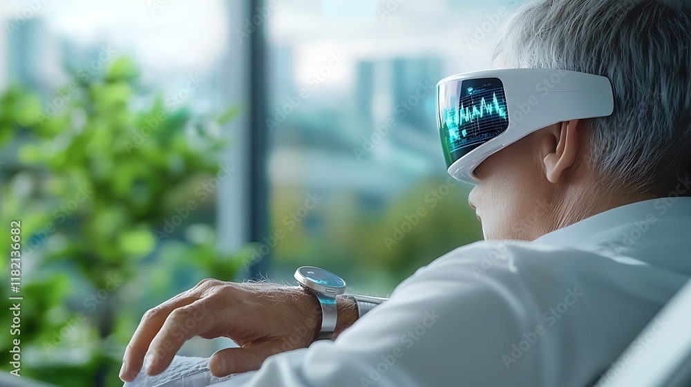 Poster futuristic iot connected healthcare wearable device transmitting real time biometric data for person
