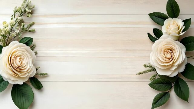 Beautiful arrangement of cream roses and greenery on a wooden background ideal for decorations or celebrations