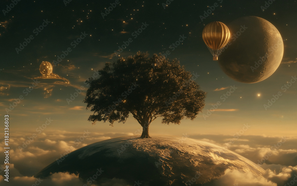 Poster a balloon is flying in the sky, a tree is standing on the earth and behind it is an oversized moon w