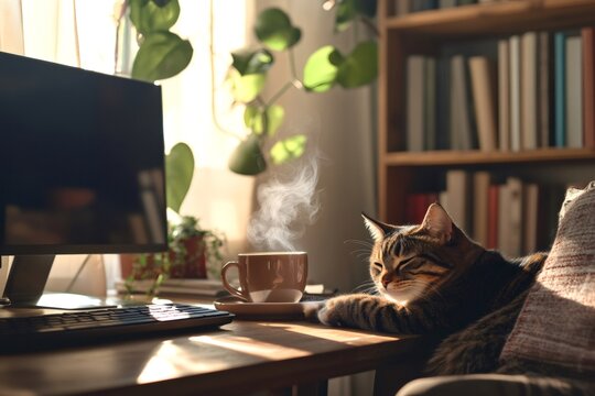 Tabby cat napping on desk beside steaming coffee, keyboard, monitor, bookshelf in cozy home workspace