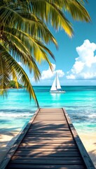 Fototapeta premium Tropical Island Escape, Sailboat on Turquoise Water with Pier and Palm Trees