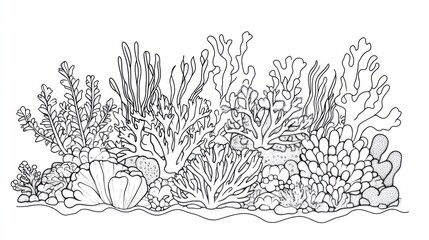 Underwater coral reef line art; ocean seabed scene; coloring book page