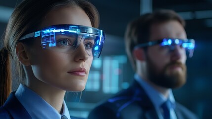 Company employees wearing futuristic glasses in a tech-focused environment.