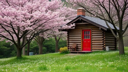 Spring Cabin Retreat: A charming log cabin with a vibrant red door sits nestled amidst a breathtaking landscape of blooming cherry blossom trees, creating a picturesque scene of springtime serenity.