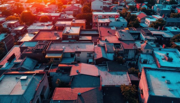 Urban neighborhood at sunset with colorful rooftops and sunlit horizon