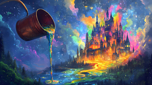 Abstract Bucket with Dreamlike Scenarios, Floating Islands, and Fantasy-Inspired Elements in Surreal and Whimsical Style.