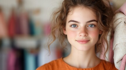 Fototapeta premium Smiling Young Woman in Casual Outfit with Messy Hair and Bright Eyes