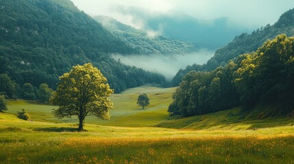 Fototapeta premium Majestic lush green valley with trees and colorful grass against high mountains in asturias in spain. beautiful view landscape with tree sky