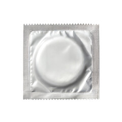 Silver package of condom isolated on white background, top view