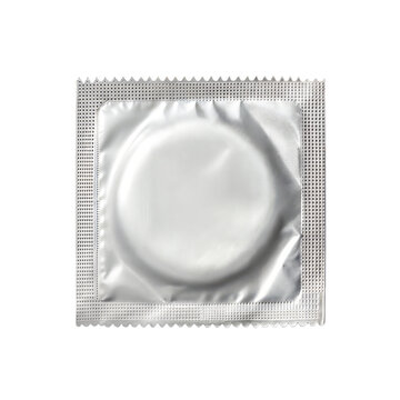 Silver package of condom isolated on white background, top view