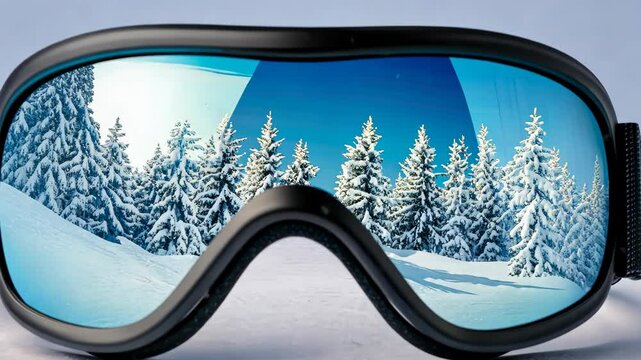 Ski goggles beautifully reflecting a stunning snowy landscape, with vibrant blue skies and lush green pine trees in view