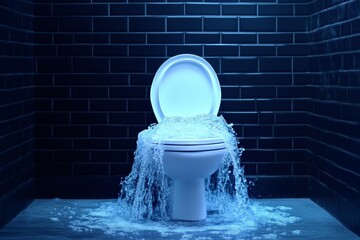 Overflowing Toilet Water Emergency - Plumbing disaster, water damage, toilet malfunction, urgent repair needed, flooding.  Concept: chaos, urgency, damage, repair, crisis.