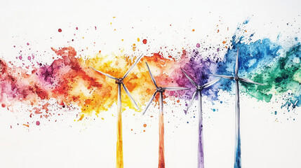 Fototapeta premium Artistic scene of interconnected renewable systems with colorful wind turbines. vibrant splashes of color represent energy and sustainability