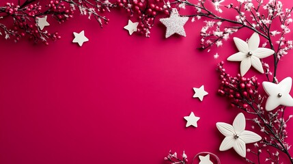 Festive Holiday Decor Pink Background With Stars And Branches