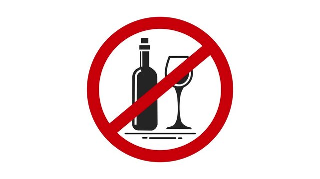Prohibition of alcohol symbol animation on white background, Plus isolated in alpha channel . Crossed wine glasses, No wine Sign.