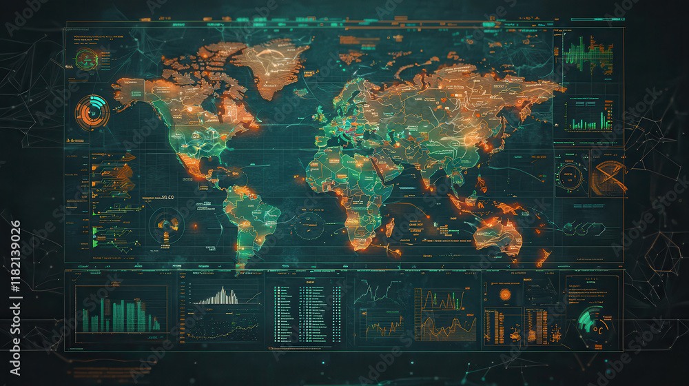 Poster futuristic energy monitoring dashboard displaying global data trends, analytics, and visualizations