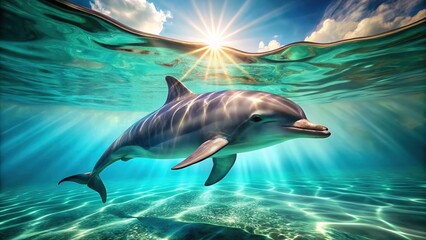 Fototapeta premium A peaceful dolphin glides in sun-drenched underwater realm.