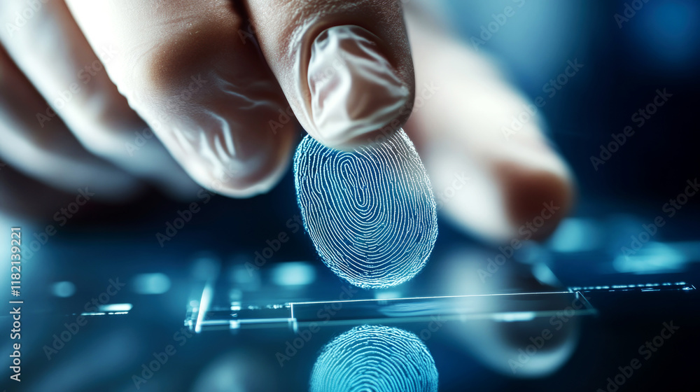 Poster forensic expert analyzing fingerprint evidence at crime scene digital workspace high-tech environmen