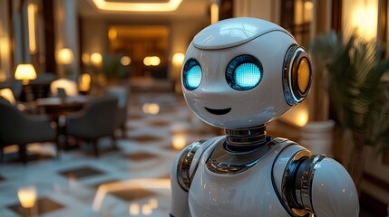 Fototapeta premium A robotic virtual receptionist with a glowing facial display in a stylish hotel lobby warmly interacts with guests, showcasing advanced automation in hospitality