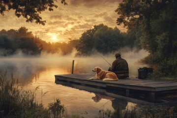 Fisherman enjoying peaceful sunrise while fishing from wooden pier with his loyal dog companion