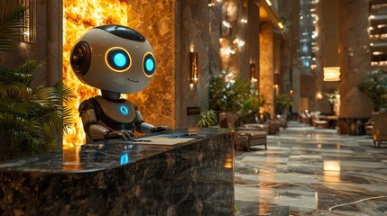 In an upscale hotel lobby, a robotic virtual receptionist features an illuminated facial display and warmly engages with guests, emphasizing advanced automation in hospitality