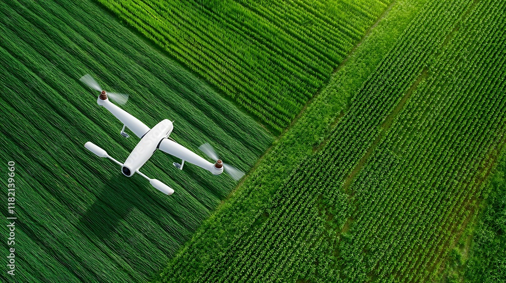 Poster aerial view of iot powered farming drones communicating via 5g network for real time data monitoring