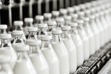 Obraz premium Rows of Glass Milk Bottles on Conveyor Belt in Dairy Processing Plant
