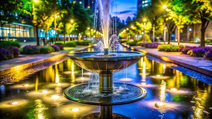 Solar Powered Water Fountain Lights in Modern City Park - Macro Photography