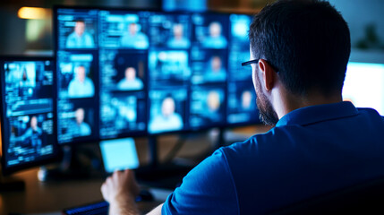 Forensic expert analyzing digital evidence cyber investigation lab video surveillance footage high-tech environment focused viewpoint crime scene analysis