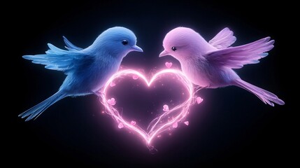 Fototapeta premium Two colorful birds with vibrant wings form a heart shape with pink light, symbolizing love and connection against a dark background.