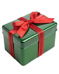 Obraz premium Green gift box with red ribbon and bow isolated on white background. Present box for Christmas, Birthday or Anniversary