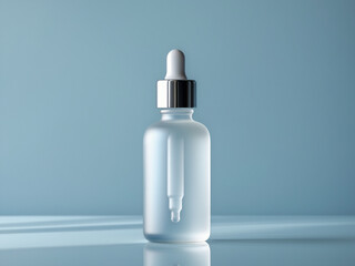 A frosted glass dropper bottle with a silver cap and white pipette, set against a soft blue background, ideal for skincare or cosmetic product presentation.






