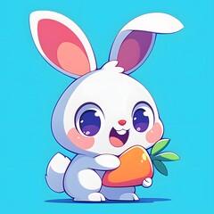 2D cartoon illustration of a fluffy rabbit holding a carrot on a clean plain background