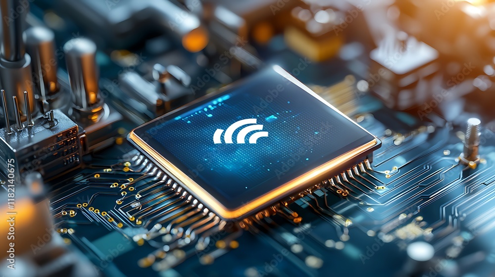 Poster close up view of a complex electronic circuit board with advanced iot connected manufacturing system