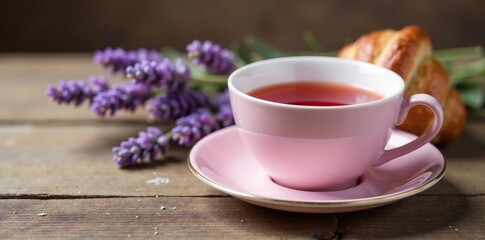 Fototapeta premium Pastel pink tea cup with lavender croissant and raspberry cheesecake on a wooden table, lavender, wood, cheesecake