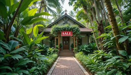 Obraz premium House with sale sign representing property for sale against tropical landscape.