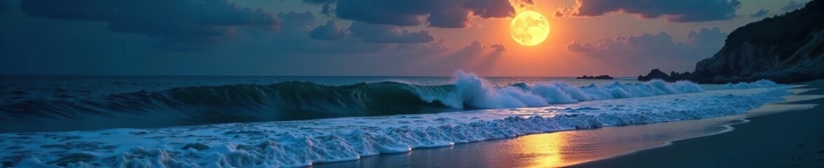 Fototapeta premium Peaceful waves roll onto a shore under the watchful gaze of a full lunar orb, waves, shore