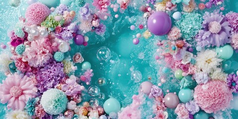 Vibrant Floral Arrangement with Soft Pastels and Bubbles: A Stunning Underwater Scene of Blossoms and Textures.