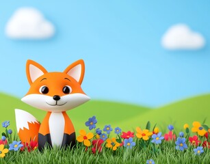 A springtime scene of a cartoon fox among blooming flowers in a meadow.