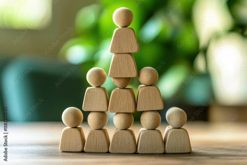 Poster wooden figures forming a pyramid structure on a table surrounded by greenery in a bright indoor sett