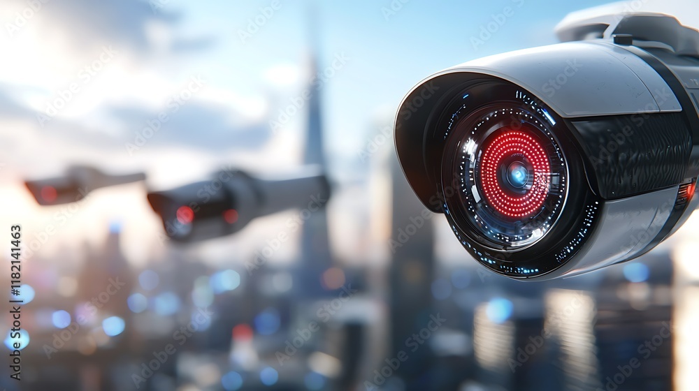 Aufkleber aerial view of a futuristic smart city skyline showcasing the of advanced iot powered surveillance s