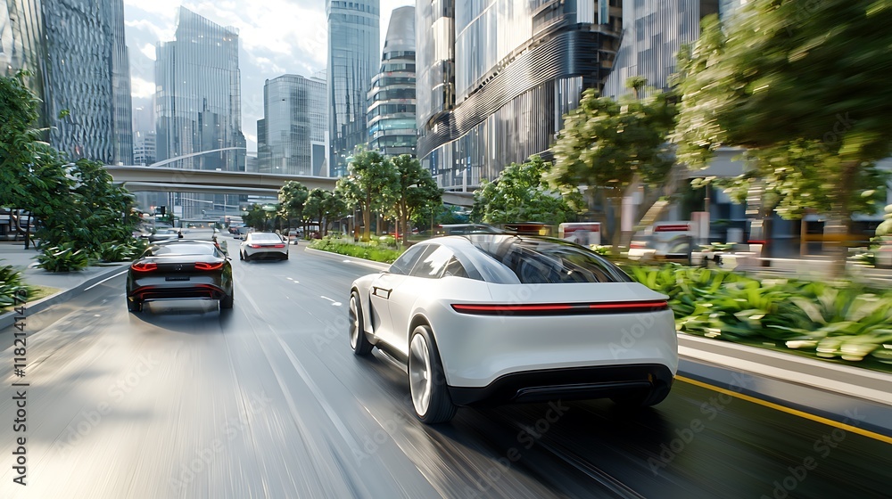 Poster autonomous electric vehicles seamlessly navigating a dynamic high tech urban landscape powered by 5g